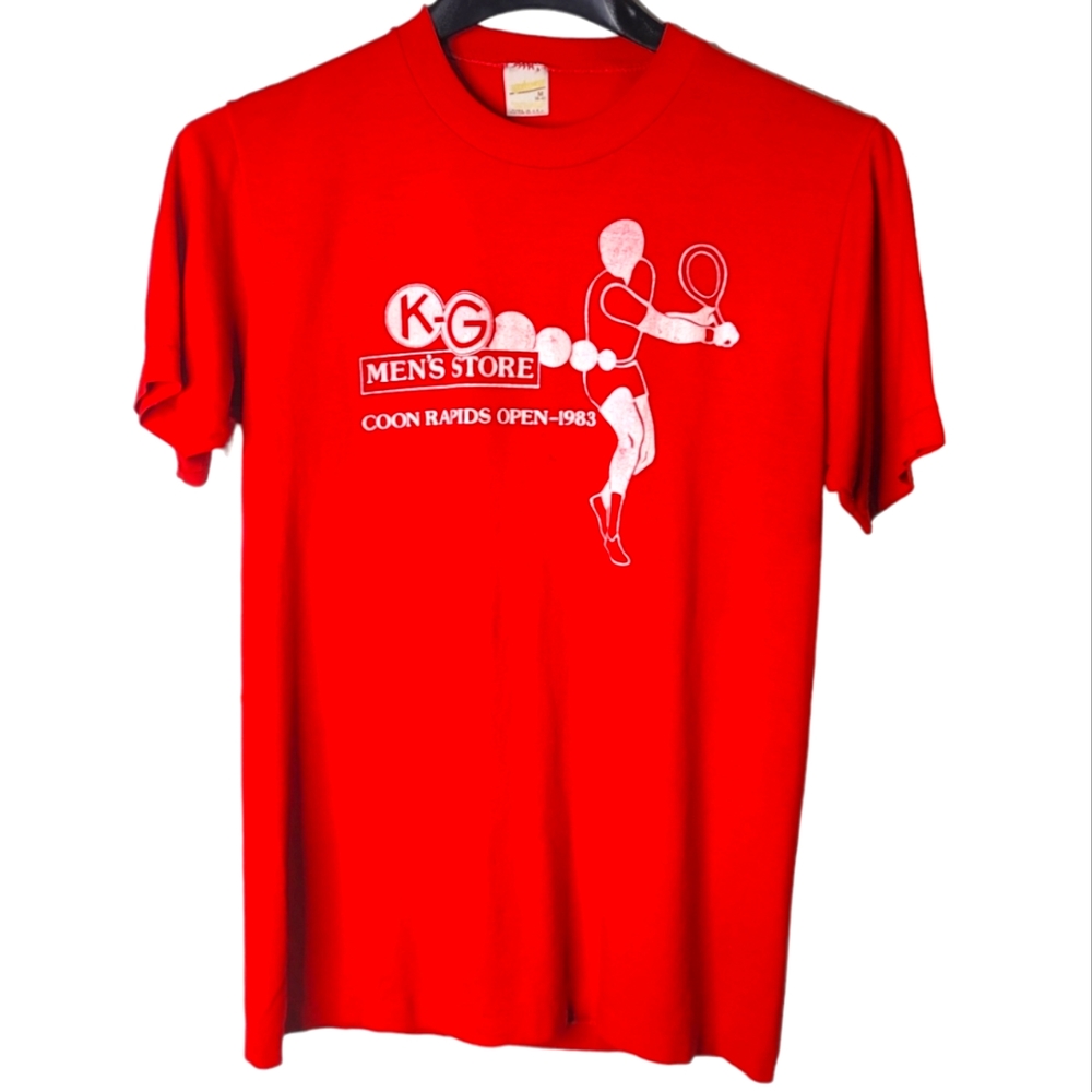 Vtg KG Men's Store Coon Rapids 1983 Tennis Open PAPER THIN 50/50 graphic t-shirt